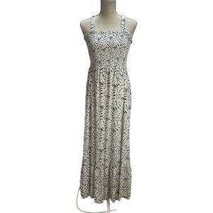Ophelia Roe Smocked Bodice Abstract Print Maxi Dress‎ Medium Ruffle Hem S…